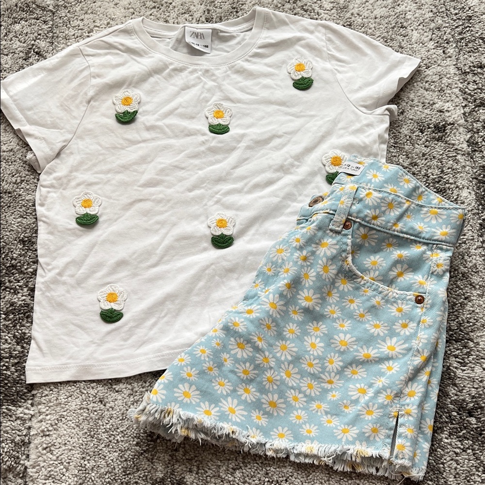 Zara White Tee with Floral Embroidery and Blue Daisy Skirt